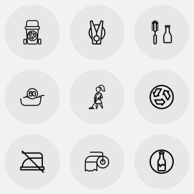 9 düzenlenebilir temizlik simgeler kümesi. Rozet, Çamaşırhane PIN, ekoloji ve daha fazlası gibi simgeler içerir. Web, mobil, UI ve Infographic tasarımı için kullanılabilir.
