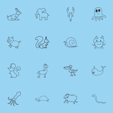 16 düzenlenebilir zooloji simgeler kümesi. Yılan, Pelikan, fare ve daha fazlası gibi simgeler içerir. Web, mobil, UI ve Infographic tasarımı için kullanılabilir.