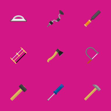 9 düzenlenebilir ekipman simgeler kümesi. Zımpara kağıdı, ipçik, Boer ve daha fazlası gibi simgeler içerir. Web, mobil, UI ve Infographic tasarımı için kullanılabilir.