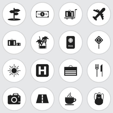 16 düzenlenebilir gezi simgeler kümesi. Kavşak, Kahvaltı, Helikopter pisti ve daha fazlası gibi simgeler içerir. Web, mobil, UI ve Infographic tasarımı için kullanılabilir.