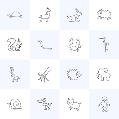 16 düzenlenebilir zooloji simgeler kümesi. Dokunaç, Shadoof, dişi koyun ve daha fazlası gibi simgeler içerir. Web, mobil, UI ve Infographic tasarımı için kullanılabilir.