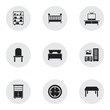 9 düzenlenebilir mobilyalar simgeler kümesi. Kürsü, Tv, soyunma ve daha fazlası gibi simgeler içerir. Web, mobil, UI ve Infographic tasarımı için kullanılabilir.