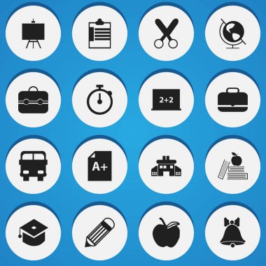 16 düzenlenebilir bilgi simgeler kümesi. Jingle, yönetim kurulu, sayfa ve daha fazla yazma gibi simgeler içerir. Web, mobil, UI ve Infographic tasarımı için kullanılabilir.