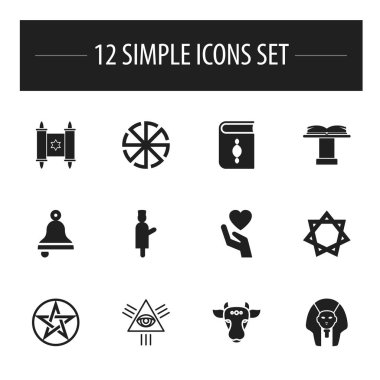 12 düzenlenebilir inanç simgeler kümesi. Dini kitap, Pentagram, Hexagram ve daha fazlası gibi simgeler içerir. Web, mobil, UI ve Infographic tasarımı için kullanılabilir.