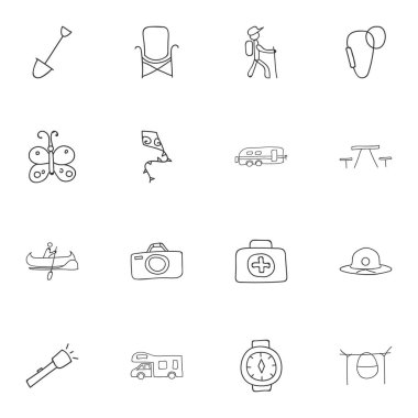 16 düzenlenebilir gezi simgeler kümesi. El feneri, plaj şapka, çanta ve daha fazlası gibi simgeler içerir. Web, mobil, UI ve Infographic tasarımı için kullanılabilir.