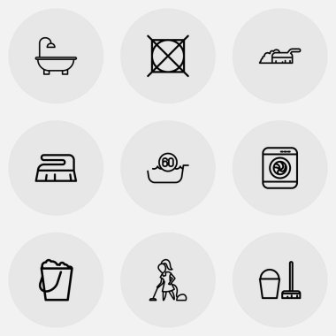 9 düzenlenebilir temizlik simgeler kümesi. Bucketful, ilgi, çamaşır makinesi ve daha fazla gibi simgeler içerir. Web, mobil, UI ve Infographic tasarımı için kullanılabilir.
