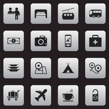 16 düzenlenebilir seyahat simgeler kümesi. Dolar, fotoğraf Cam, rahatsız etmeyin gibi sembolleri içerir ve daha fazlası. Web, mobil, UI ve Infographic tasarımı için kullanılabilir.