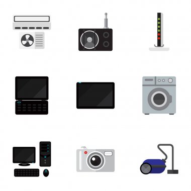 9 düzenlenebilir teknik simgeler kümesi. Kamera, Tuner, Çamaşırhane ve daha fazlası gibi simgeler içerir. Web, mobil, UI ve Infographic tasarımı için kullanılabilir.