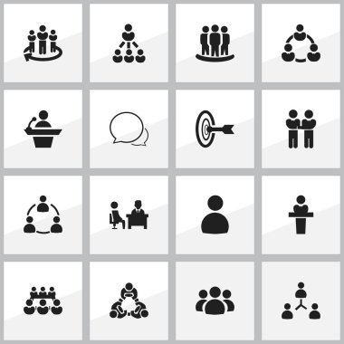 16 düzenlenebilir işbirliği simgeler kümesi. Lider, üye, konuşan adam ve daha fazlası gibi simgeler içerir. Web, mobil, UI ve Infographic tasarımı için kullanılabilir.