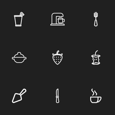 9 düzenlenebilir gıda simgeler kümesi. Apple Core, gıda kürek gibi Çorba kazanı ve daha fazla simgeleri içerir. Web, mobil, UI ve Infographic tasarımı için kullanılabilir.