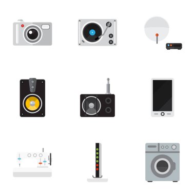 9 düzenlenebilir teknik simgeler kümesi. Tuner, Modem, cep telefonu ve daha fazlası gibi simgeler içerir. Web, mobil, UI ve Infographic tasarımı için kullanılabilir.