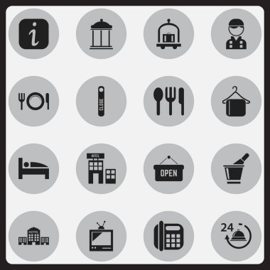 16 düzenlenebilir Motel simgeler kümesi. Arabası, bilgi simgesi ve otel gibi simgeler içerir. Web, mobil, UI ve Infographic tasarımı için kullanılabilir.