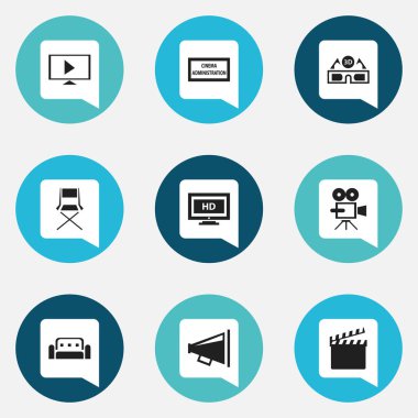 9 düzenlenebilir sinema simgeler kümesi. Plak Cam, kanepe, Hd ekran ve daha fazlası gibi simgeler içerir. Web, mobil, UI ve Infographic tasarımı için kullanılabilir.