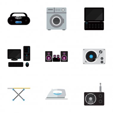 9 düzenlenebilir teknoloji simgeler kümesi. Çamaşırhanede, kaset çalar, Stereo sistemi ve daha fazlası gibi simgeler içerir. Web, mobil, UI ve Infographic tasarımı için kullanılabilir.