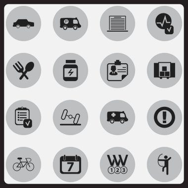 16 düzenlenebilir karışık simgeler kümesi. Kalp atışı, anket ve çatal bıçak takımı gibi simgeler içerir. Web, mobil, UI ve Infographic tasarımı için kullanılabilir.