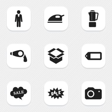 9 düzenlenebilir ticaret simgeler kümesi. Etiket, fotoğraf çekimi, paket ve daha fazlası gibi simgeler içerir. Web, mobil, UI ve Infographic tasarımı için kullanılabilir.