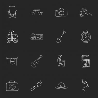 16 düzenlenebilir seyahat simgeler kümesi. Güzellik böcek, kamp ateşi yemek, yanıcı sopa ve daha fazlası gibi simgeler içerir. Web, mobil, UI ve Infographic tasarımı için kullanılabilir.