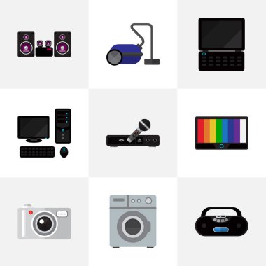 9 düzenlenebilir teknik simgeler kümesi. Stereo sistemi, kaset çalar, mikrofon ve daha fazlası gibi simgeler içerir. Web, mobil, UI ve Infographic tasarımı için kullanılabilir.