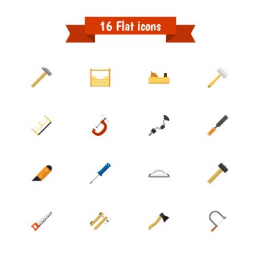 16 düzenlenebilir araçları simgeler kümesi. Testere, çekiç, hasta yaşlı at gibi simgeleri içerir. Web, mobil, UI ve Infographic tasarımı için kullanılabilir.