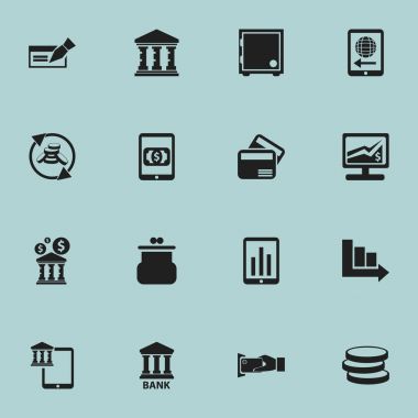 16 düzenlenebilir finansal simgeler kümesi. Akademi, banknot, kese ve daha fazlası gibi simgeler içerir. Web, mobil, UI ve Infographic tasarımı için kullanılabilir.