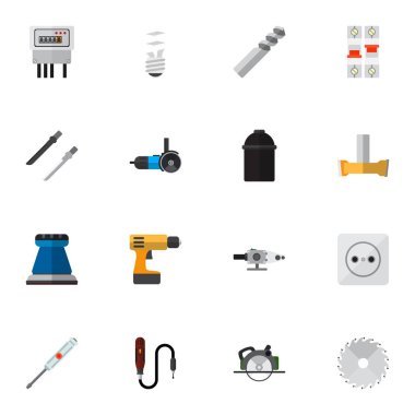 16 düzenlenebilir aletleri simgeler kümesi. Semboller gibi taşlama makinesi, tutucu, Mini matkap ve daha fazlasını içerir. Web, mobil, UI ve Infographic tasarımı için kullanılabilir.