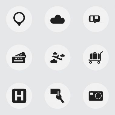 9 düzenlenebilir seyahat simgeler kümesi. PIN, havacılık, bulutlu ve daha fazlası gibi simgeler içerir. Web, mobil, UI ve Infographic tasarımı için kullanılabilir.