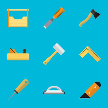 9 düzenlenebilir araçları simgeler kümesi. Jointer, balta, zımpara kağıdı ve daha fazlası gibi simgeler içerir. Web, mobil, UI ve Infographic tasarımı için kullanılabilir.