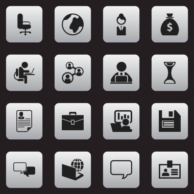 16 düzenlenebilir Office simgeler kümesi. Laptop, para çantasını, bilgisayar ve daha fazla çalışan kişi işçi gibi simgeler içerir. Web, mobil, UI ve Infographic tasarımı için kullanılabilir.