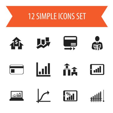 12 düzenlenebilir Analytics simgeler kümesi. Ödeme kurtarmak gibi bankacilik, yukarı doğru yönde ve diğer simgeler içerir. Web, mobil, UI ve Infographic tasarımı için kullanılabilir.