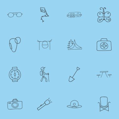 16 düzenlenebilir kamp simgeler kümesi. Semboller gibi uçan oyuncak, kamp ateşi yemek, kol saati ve daha fazlasını içerir. Web, mobil, UI ve Infographic tasarımı için kullanılabilir.