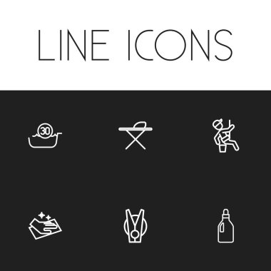 6 düzenlenebilir hijyen simgeler kümesi. Simgeleri gibi Çamaşırhane toplu iğne, pencere temizleyici, sıvı ve daha fazla yıkama içerir. Web, mobil, UI ve Infographic tasarımı için kullanılabilir.