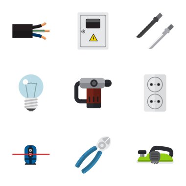 9 düzenlenebilir elektriksel simgeler kümesi. Fretsaw, Panel, Geodesist ve daha fazlası gibi simgeler içerir. Web, mobil, UI ve Infographic tasarımı için kullanılabilir.