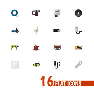 16 düzenlenebilir aletleri simgeler kümesi. Matkap, yapıştırıcı, Pound ve daha fazlası gibi simgeler içerir. Web, mobil, UI ve Infographic tasarımı için kullanılabilir.