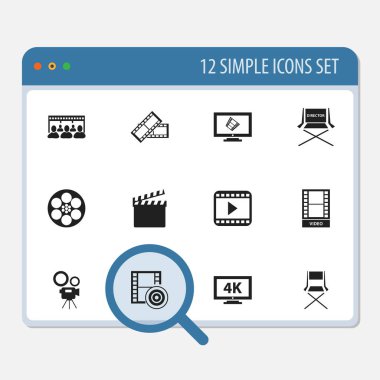 12 düzenlenebilir sinema simgeler kümesi. Film kamera, sandalye, film oynatıcı ve daha fazlası gibi simgeler içerir. Web, mobil, UI ve Infographic tasarımı için kullanılabilir.