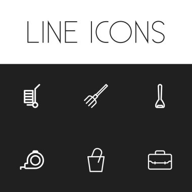 6 düzenlenebilir enstrüman simgeler kümesi. Portföy, kova, dirgen ve daha fazlası gibi simgeler içerir. Web, mobil, UI ve Infographic tasarımı için kullanılabilir.