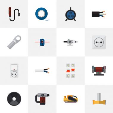 16 düzenlenebilir aletleri simgeler kümesi. Kablo, priz, bağlantı ve daha fazla gibi simgeler içerir. Web, mobil, UI ve Infographic tasarımı için kullanılabilir.