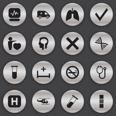 16 düzenlenebilir sağlık simgeler kümesi. Yara bandı, tüp, Mark gibi simgeler içerir. Web, mobil, UI ve Infographic tasarımı için kullanılabilir.