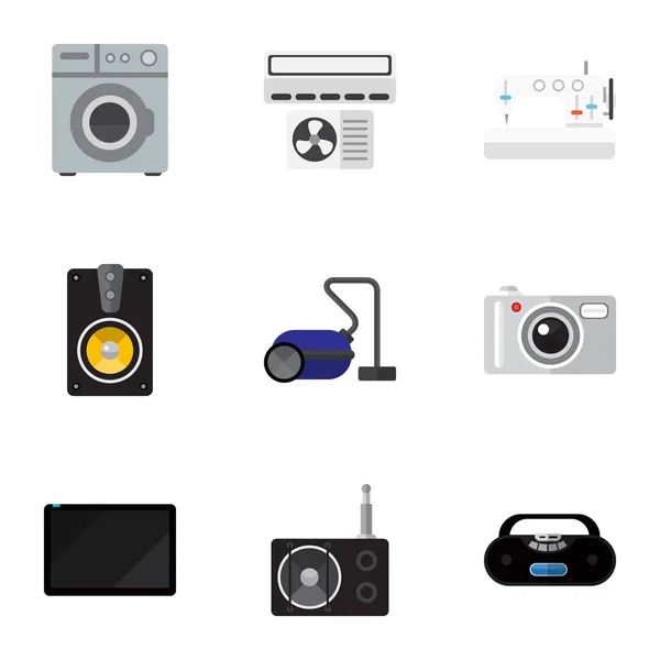 Set Of 9 Editable Home Icons. Includes Symbols Such As Laundromat, Cassette Player, Megaphone And More. Can Be Used For Web, Mobile, UI And Infographic Design. — Stock Vector