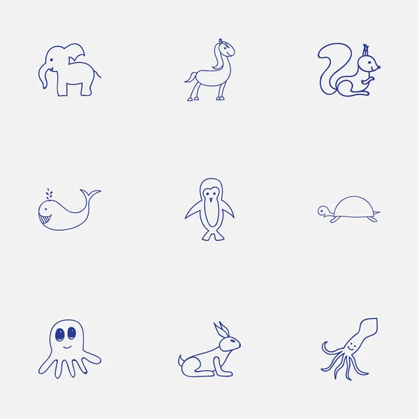 Set de 9 iconos editables de Zoología. Incluye símbolos como conejo, elefante, pony y más. Puede ser utilizado para el diseño de la tela, móvil, interfaz de usuario e infografía . — Archivo Imágenes Vectoriales