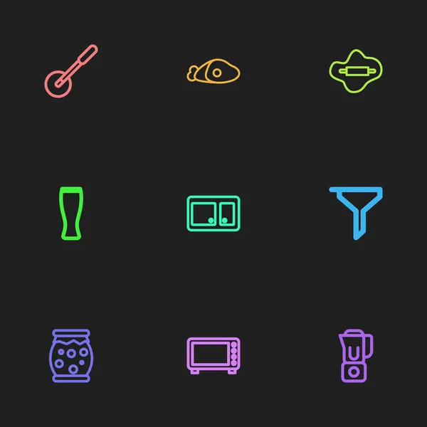 Set de 9 iconos de cocina editables. Incluye símbolos como el rodillo, la hoja de pizza, el armario y más. Puede ser utilizado para el diseño de la tela, móvil, interfaz de usuario e infografía . — Vector de stock