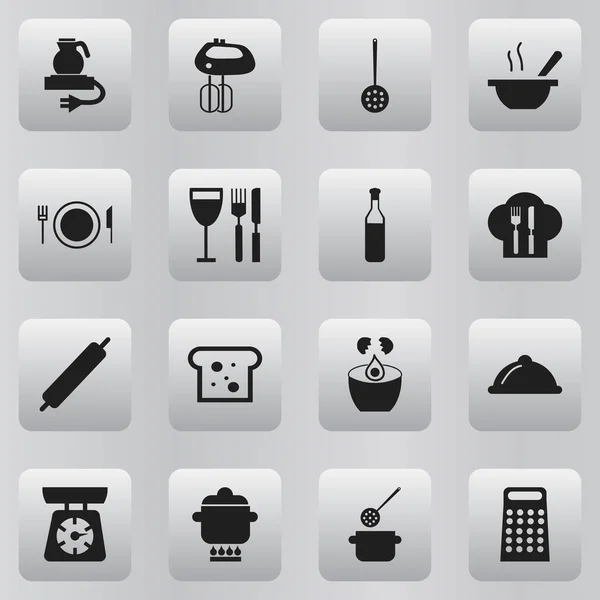 Set von 16 editierbaren Küchensymbolen. enthält Symbole wie Lebensmittelwaage, Pauseneier, Schüssel und mehr. kann für Web-, Mobil-, UI- und Infografik-Design verwendet werden. — Stockvektor