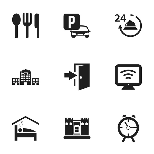Set de 9 iconos editables del Motel. Incluye símbolos como restaurante, casa de pueblo, alarma y más. Puede ser utilizado para el diseño de la tela, móvil, interfaz de usuario e infografía . — Vector de stock