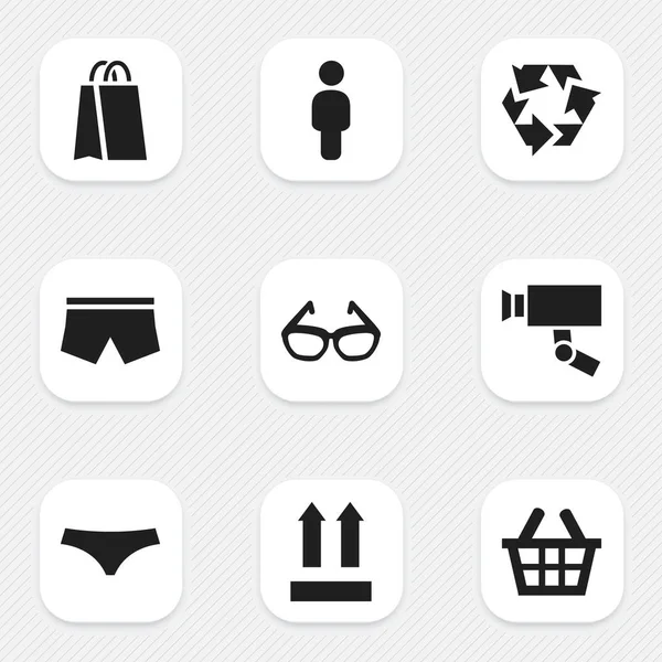 Set Of 9 Editable Trade Icons. Includes Symbols Such As Spectacles, Guard Camera, Swimming Trunks And More. Can Be Used For Web, Mobile, UI And Infographic Design. — Stock Vector