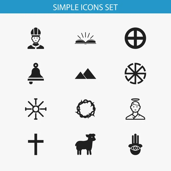 Σετ 12 εικονίδια επεξεργάσιμο θρησκεία. Περιλαμβάνει σύμβολα όπως ηλιακή έμβλημα, μάτι στο χέρι, ο Χριστός στεφάνι. Μπορεί να χρησιμοποιηθεί για Web, Mobile, Ui και σχεδίασης γραφήματος. — Διανυσματικό Αρχείο