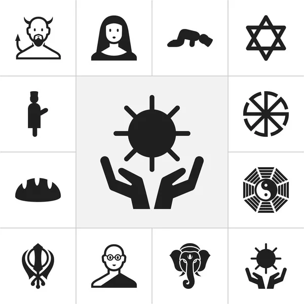 Uppsättning av 12 redigerbara tro ikoner. Innehåller symboler som Hexagram, Indisk elefant, Sajdah och mer. Kan användas för webb-, mobil-, Ui- och Infographic Design. — Stock vektor