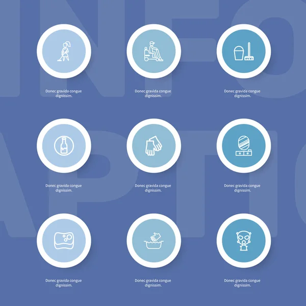 Satz von 9 editierbaren Reinigungssymbolen. beinhaltet Symbole wie Atemschutzmaske, Händewaschen, Eimer mit Bohnenkraut. kann für Web-, Mobil-, UI- und Infografik-Design verwendet werden. — Stockvektor