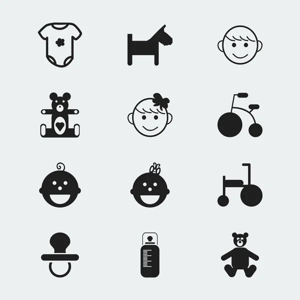 Set de 12 iconos infantiles editables. Incluye símbolos como bicicleta, hija, peluche y más. Puede ser utilizado para el diseño de la tela, móvil, interfaz de usuario e infografía . — Vector de stock
