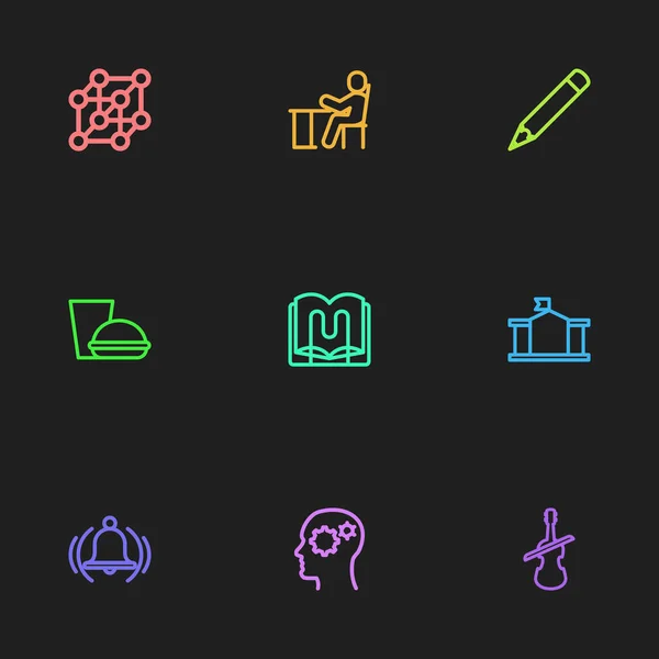 Conjunto de 9 iconos de enseñanza editables. Incluye símbolos tales como soporte, comer, instrumento. Puede ser utilizado para el diseño de la tela, móvil, interfaz de usuario e infografía . — Vector de stock