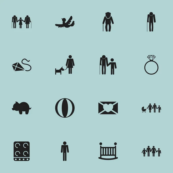 Set di 16 icone dei parenti modificabili. Include Simboli come Signori, Nonno, Diamante Solitario. Può essere utilizzato per la progettazione web, mobile, UI e infografica . — Vettoriale Stock