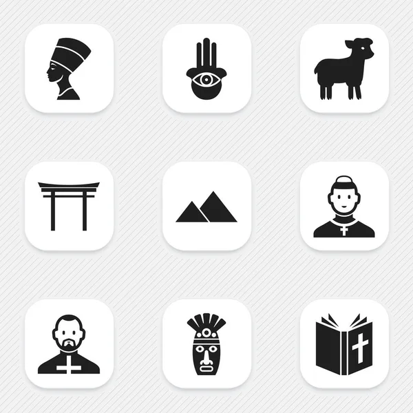 Conjunto de 9 iconos de religión editables. Incluye símbolos como Papa, Cleopatra, Chamán y más. Puede ser utilizado para el diseño de la tela, móvil, interfaz de usuario e infografía . — Archivo Imágenes Vectoriales
